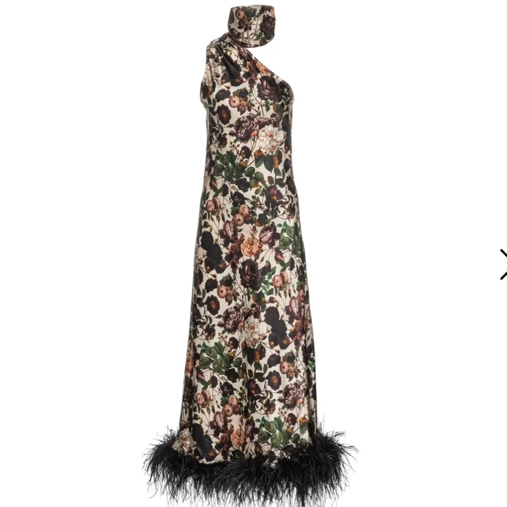 Vasiliki Atelier Liya Floral One-Shoulder Dress with Feather Trim - Picture 2 of 10